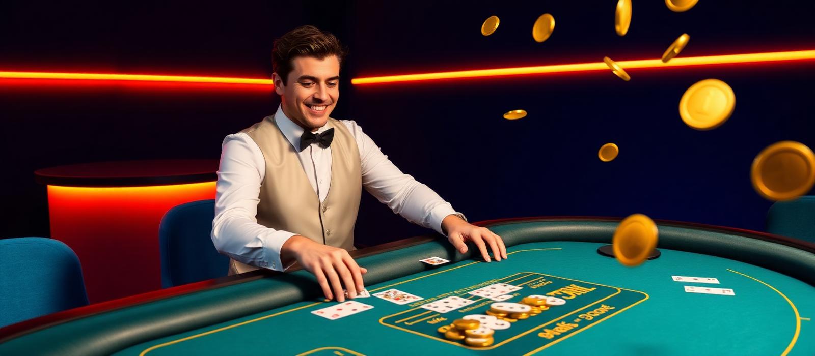 Friendly live dealer at a green felt table dealing playing cards under warm lights