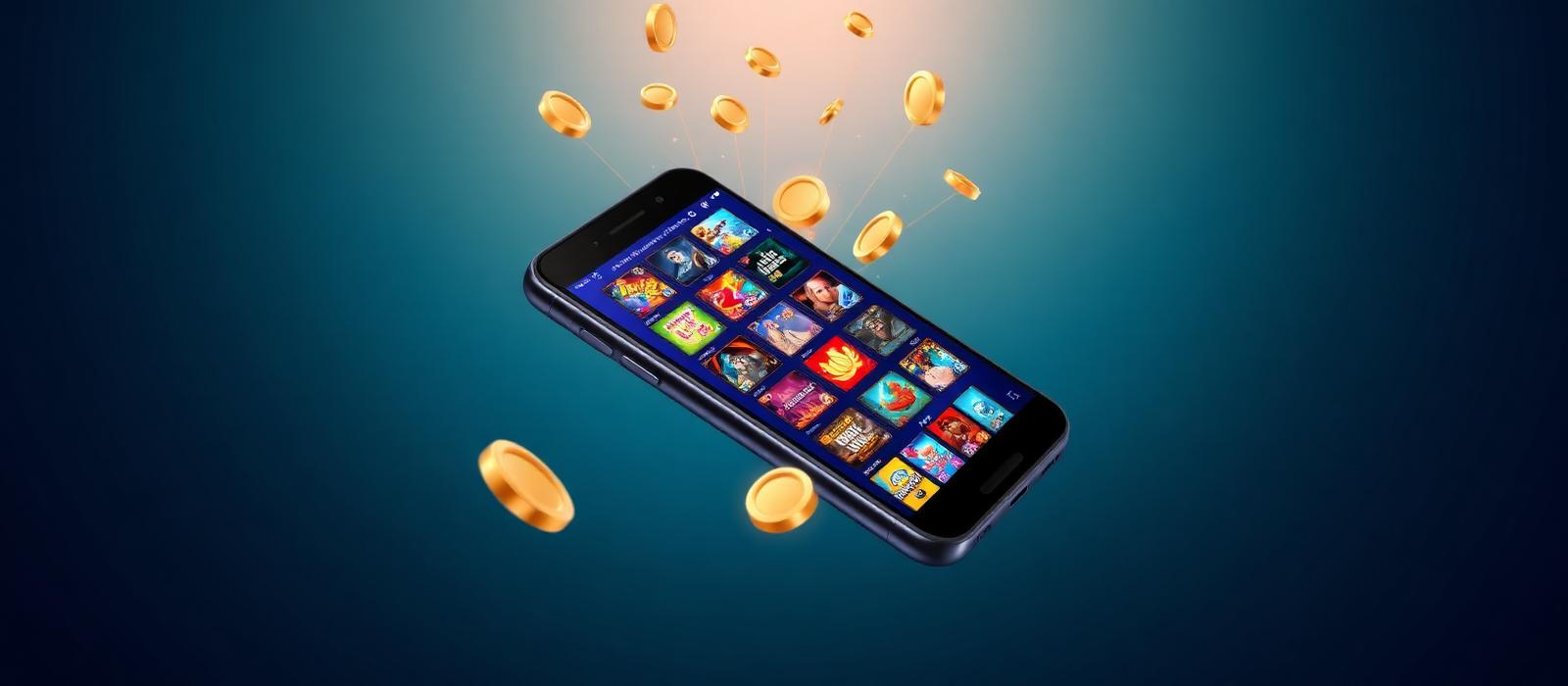 Smartphone screen showing a colourful game lobby with coins flying out