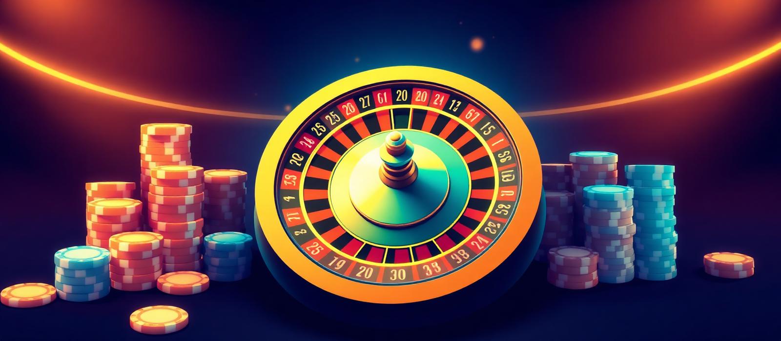Glowing roulette wheel mid spin with stacks of casino chips on either side
