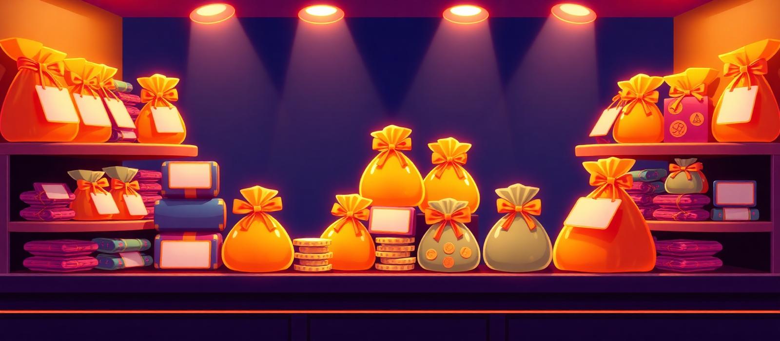 Friendly illustrated shop counter stacked with colourful coin packs and gold coin sacks