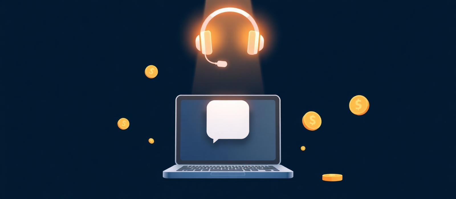 Friendly support illustration of a glowing headset above a laptop showing a chat bubble