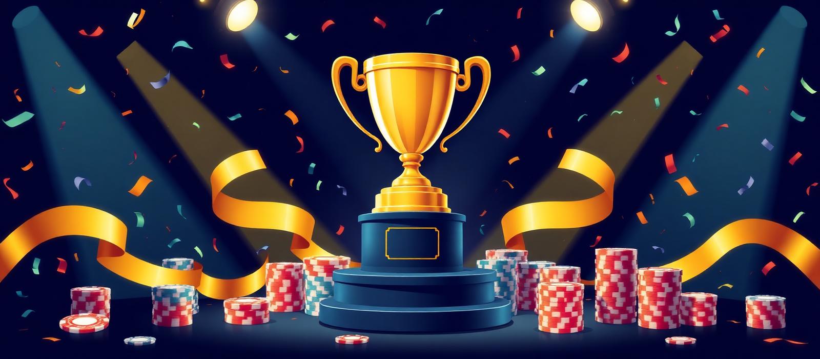 Golden trophy on a pedestal surrounded by casino chips and confetti